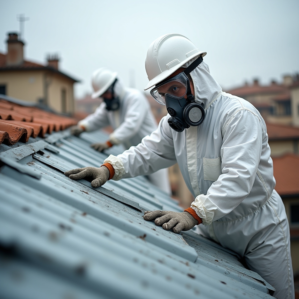 Operatori specializzati durante la rimozione di amianto da una copertura residenziale