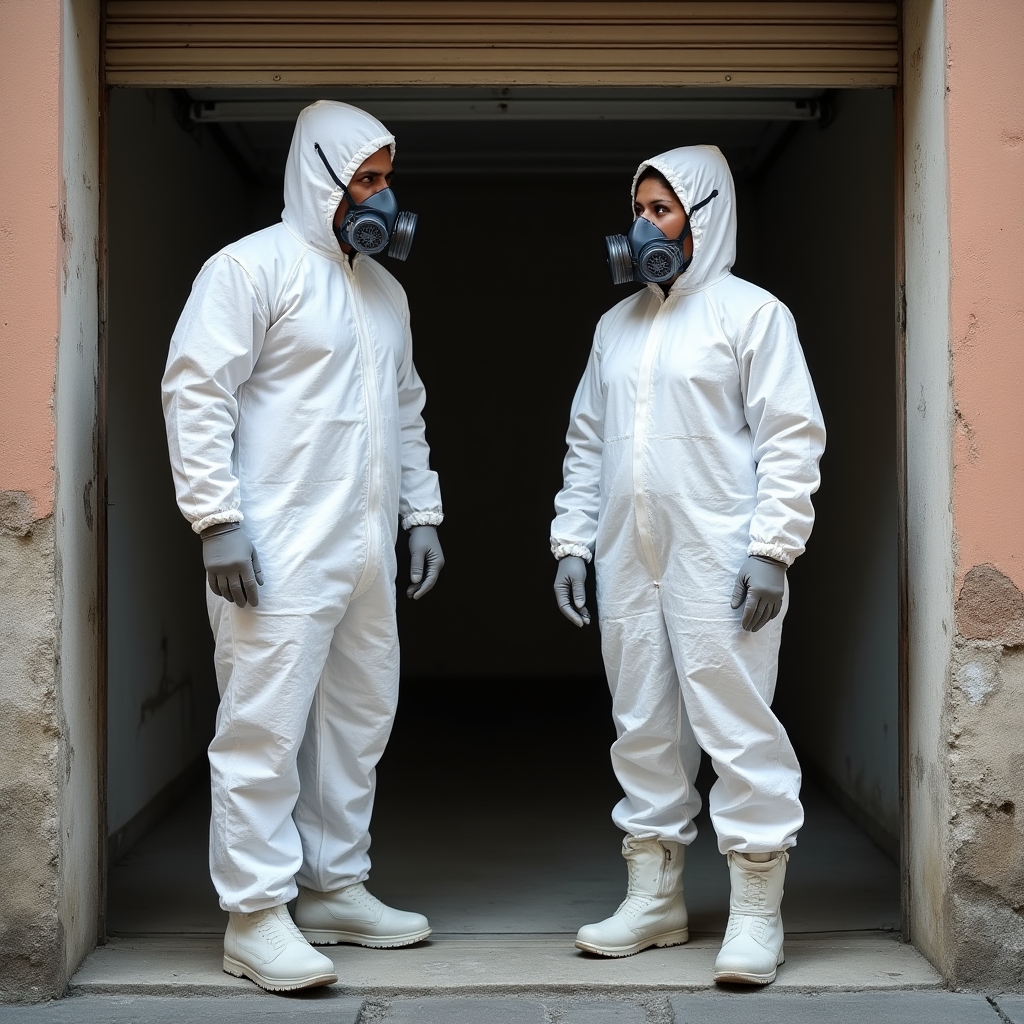 Due operatori in tuta protettiva integrale e maschere durante la rimozione di amianto