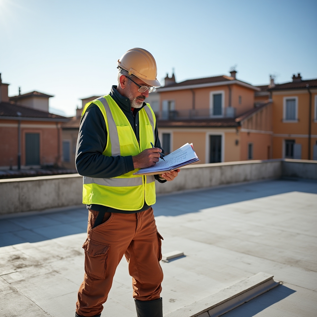 Tecnico durante il sopralluogo su copertura in eternit per valutazione dello stato del materiale